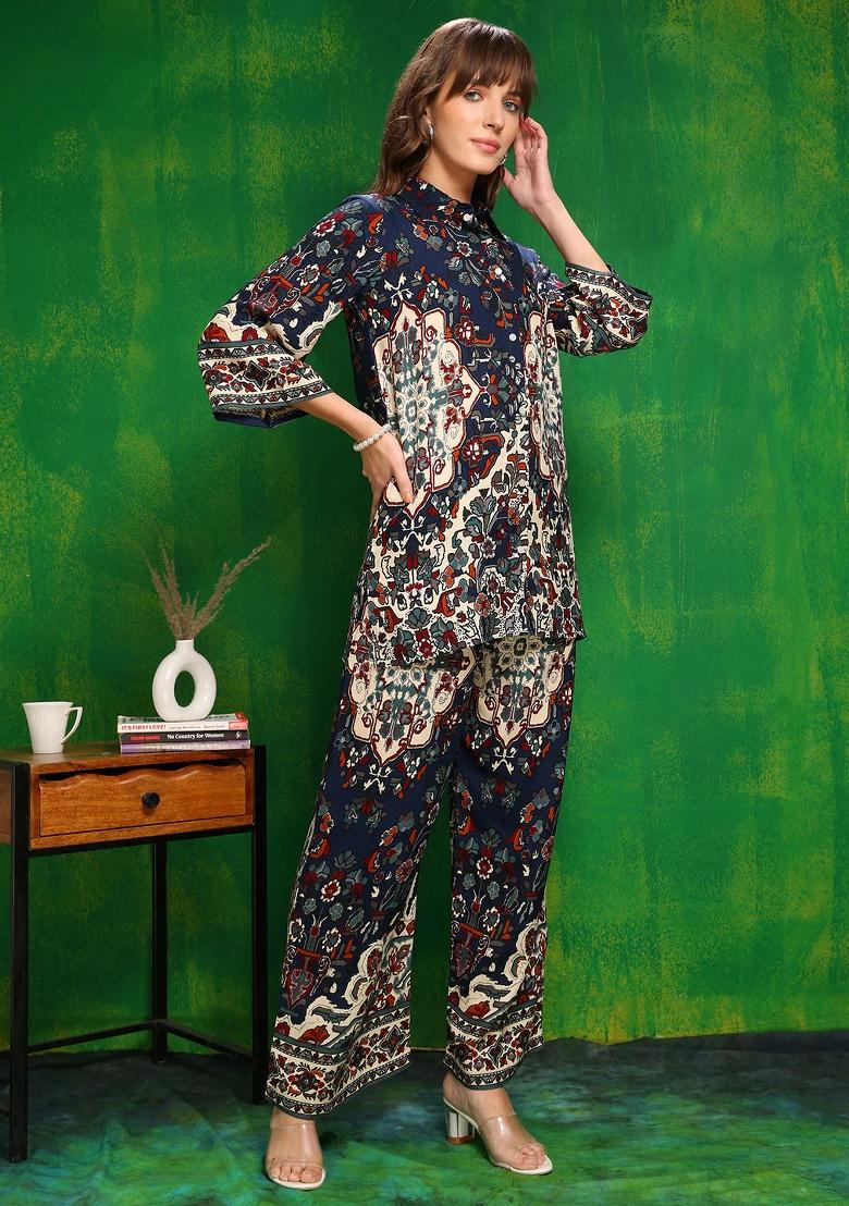 Navy Blue Embroidery Rayon Kurta Set - Indya