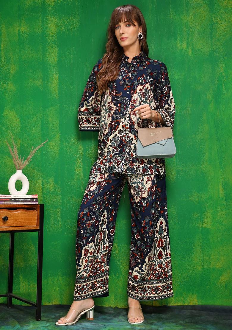 Navy Blue Embroidery Rayon Kurta Set - Indya