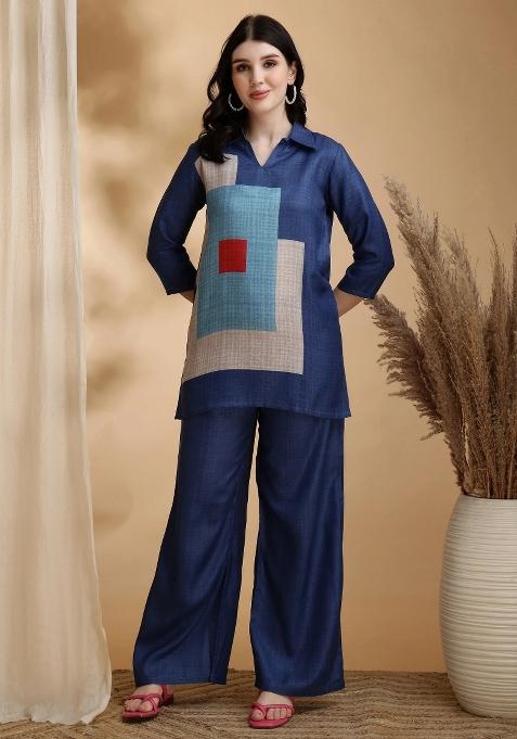 Blue Embroidery Linen Kurta Set