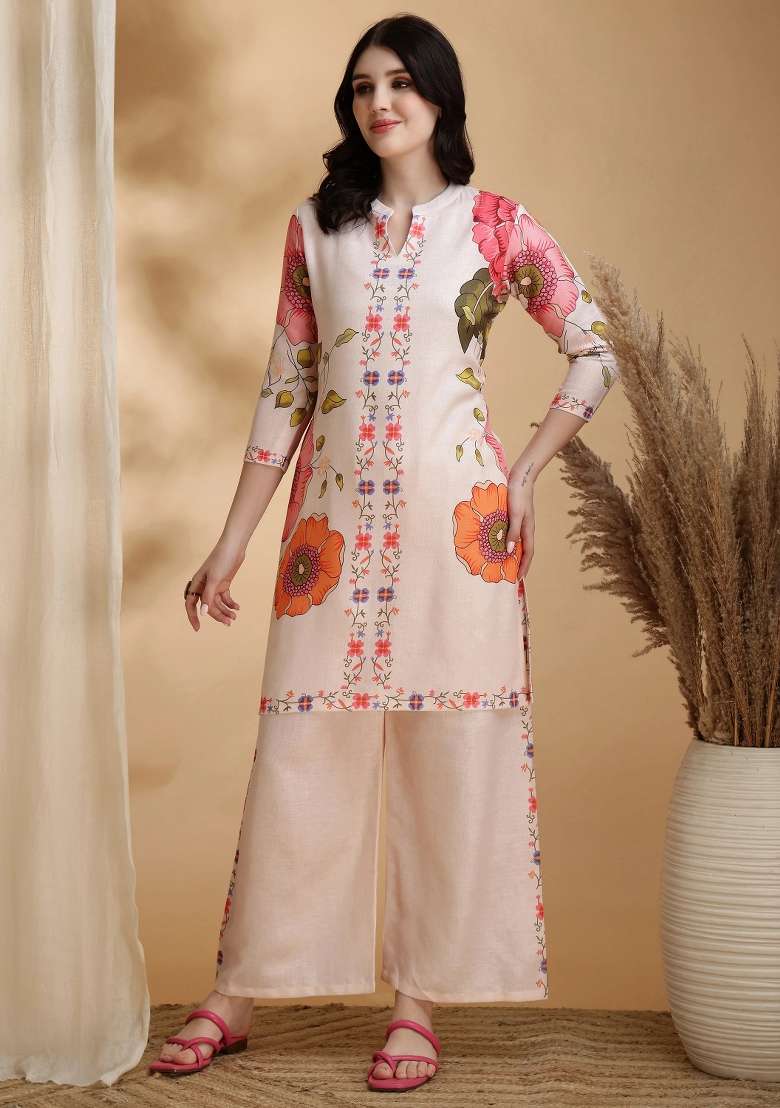 Beige Embroidery Linen Kurta Set - Indya