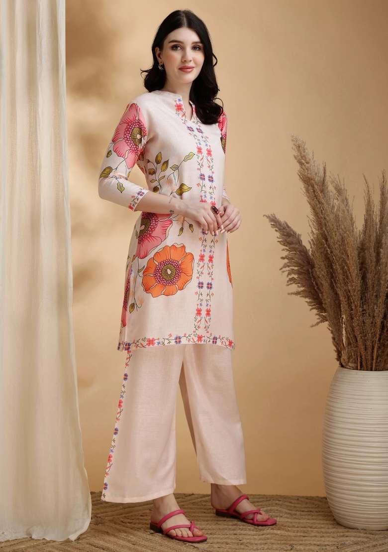 Beige Embroidery Linen Kurta Set - Indya