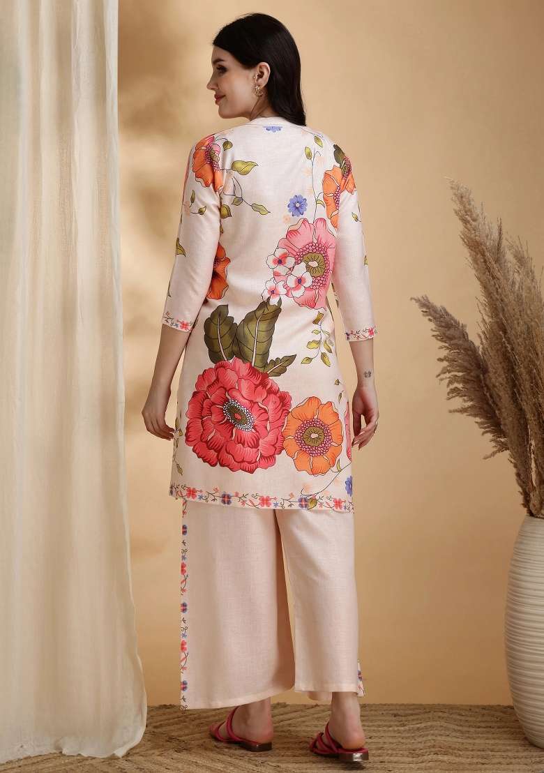Beige Embroidery Linen Kurta Set - Indya