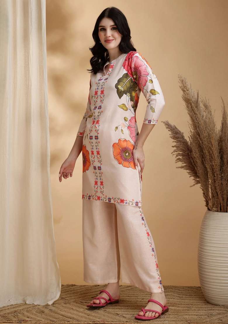 Beige Embroidery Linen Kurta Set - Indya