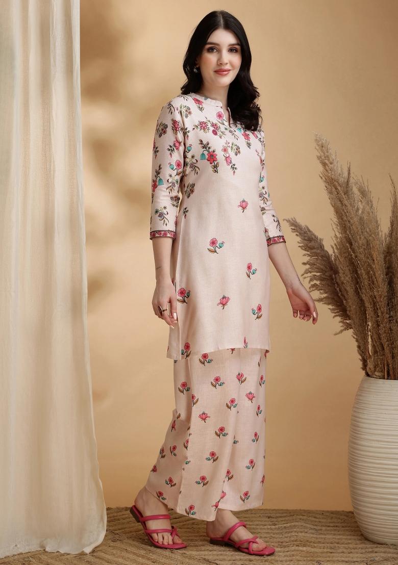 Beige Embroidery Linen Kurta Set - Indya