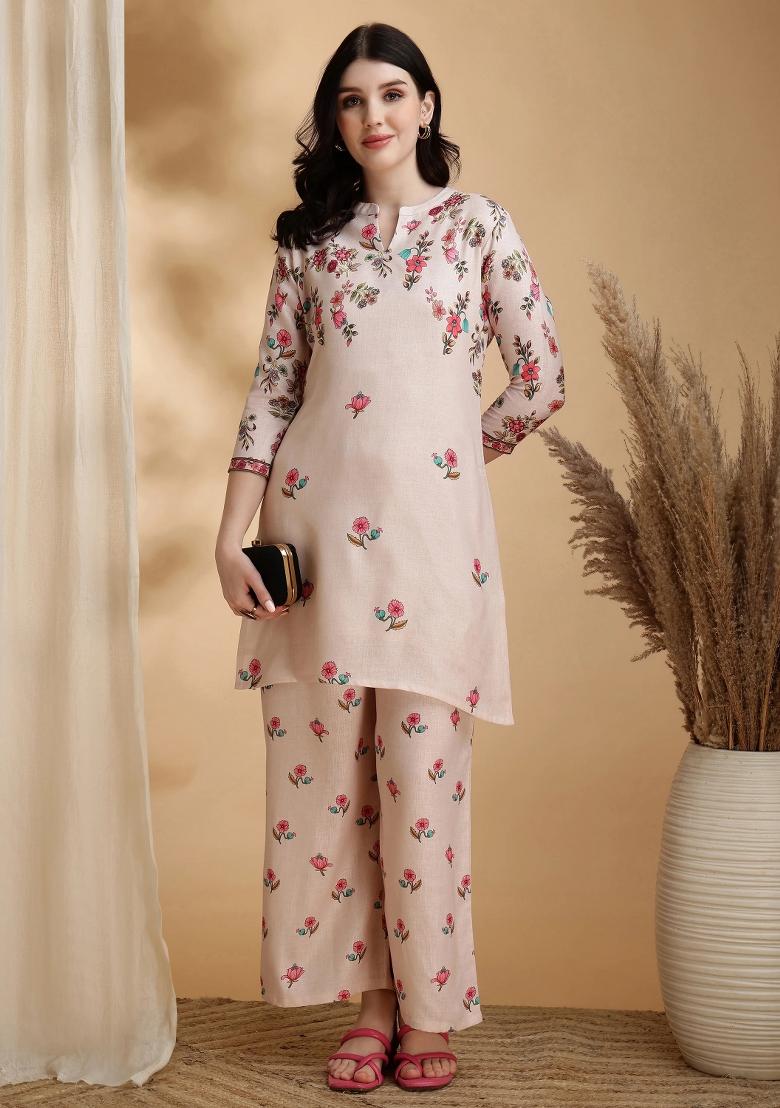 Beige Embroidery Linen Kurta Set - Indya
