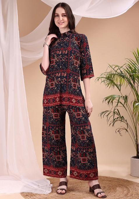 Navy Blue Embroidery Rayon Kurta Set