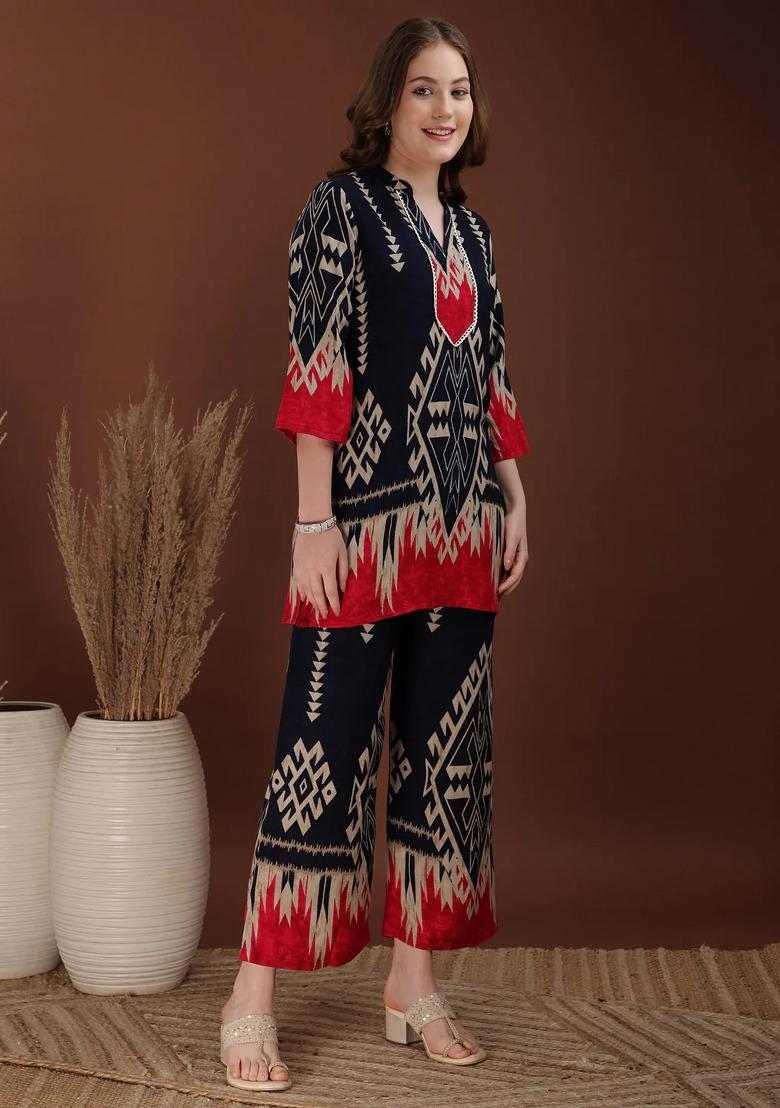 Navy Blue Embroidery Rayon Kurta Set - Indya