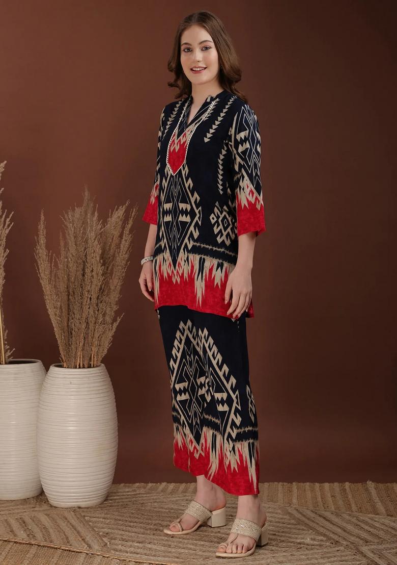 Navy Blue Embroidery Rayon Kurta Set - Indya