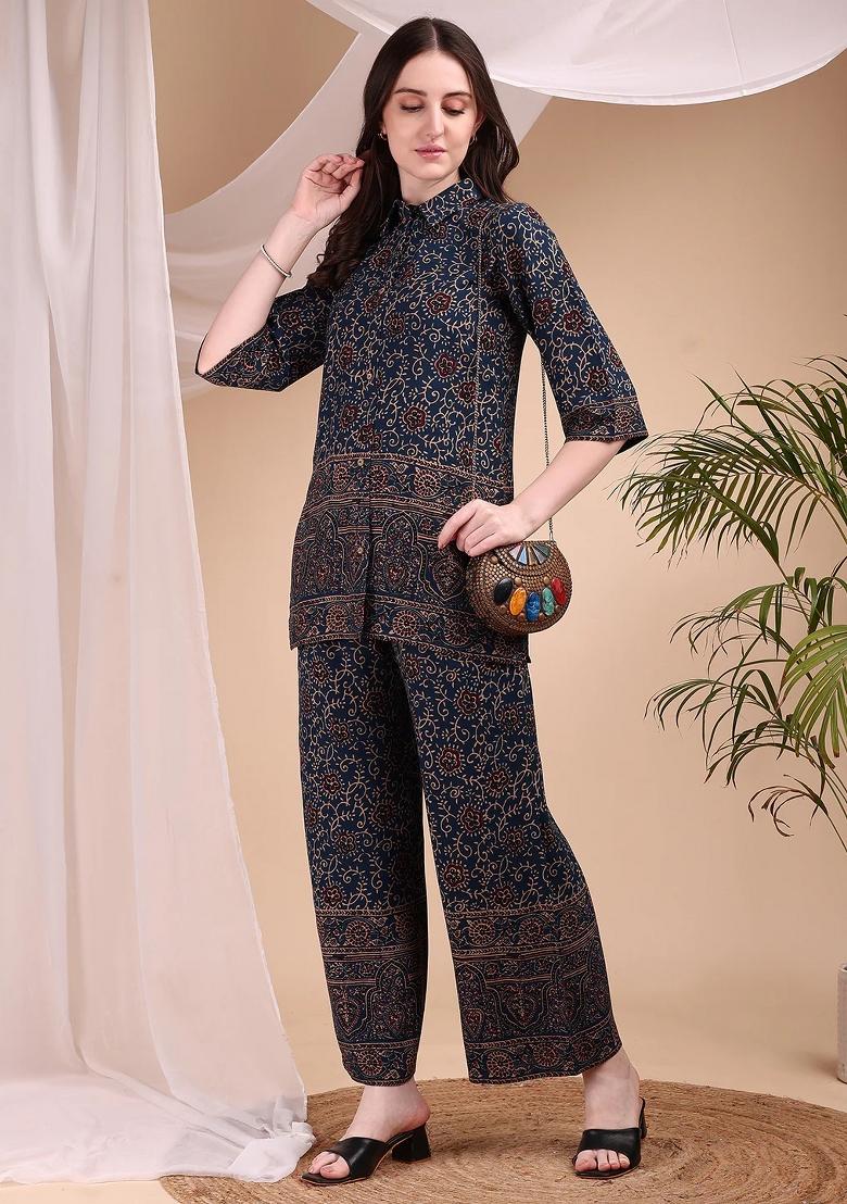 Navy Blue Embroidery Rayon Kurta Set - Indya