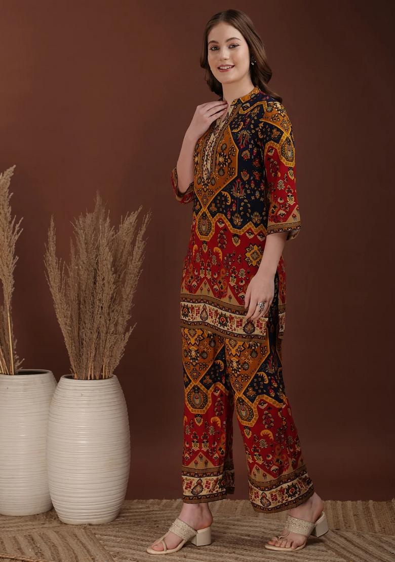 Mustard Embroidery Rayon Kurta Set - Indya
