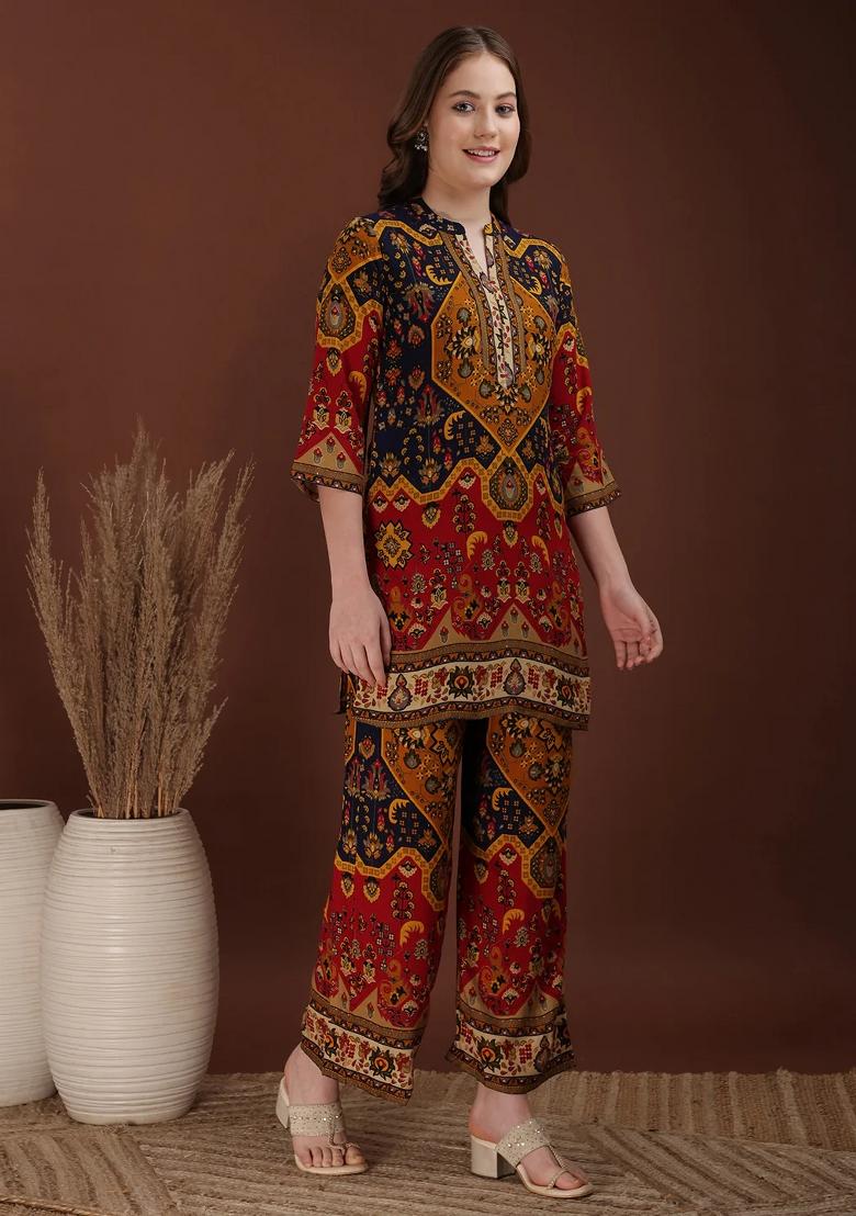 Mustard Embroidery Rayon Kurta Set - Indya