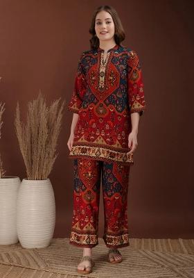 Red Embroidery Rayon Kurta Set