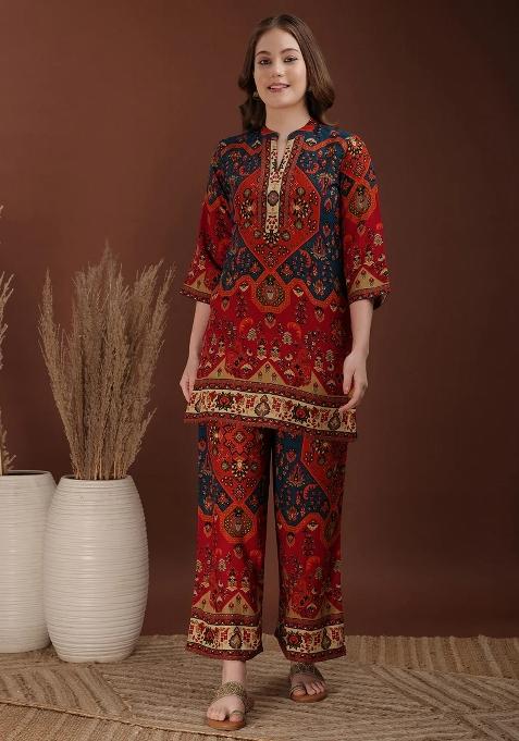 Red Embroidery Rayon Kurta Set