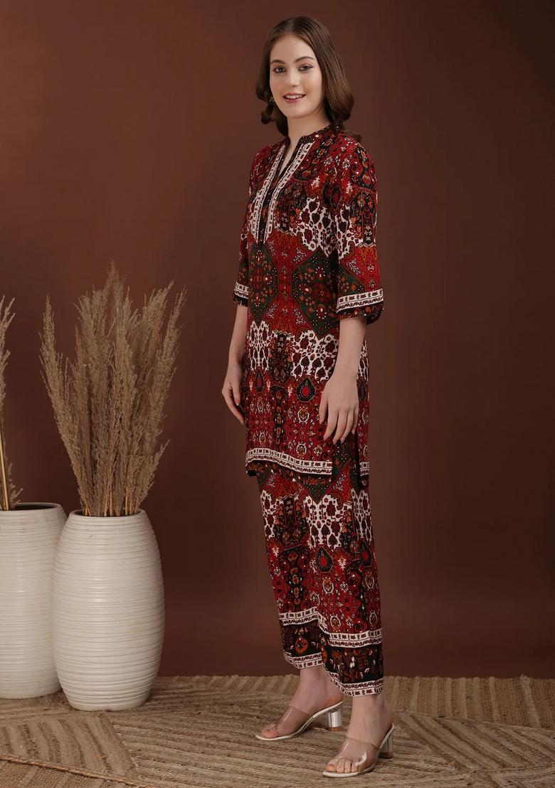 Multicolor Embroidery Rayon Kurta Set - Indya