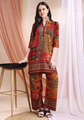 Red Embroidery Rayon Kurta Set
