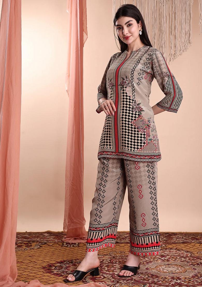 Brown Embroidery Crepe Kurta Set - Indya