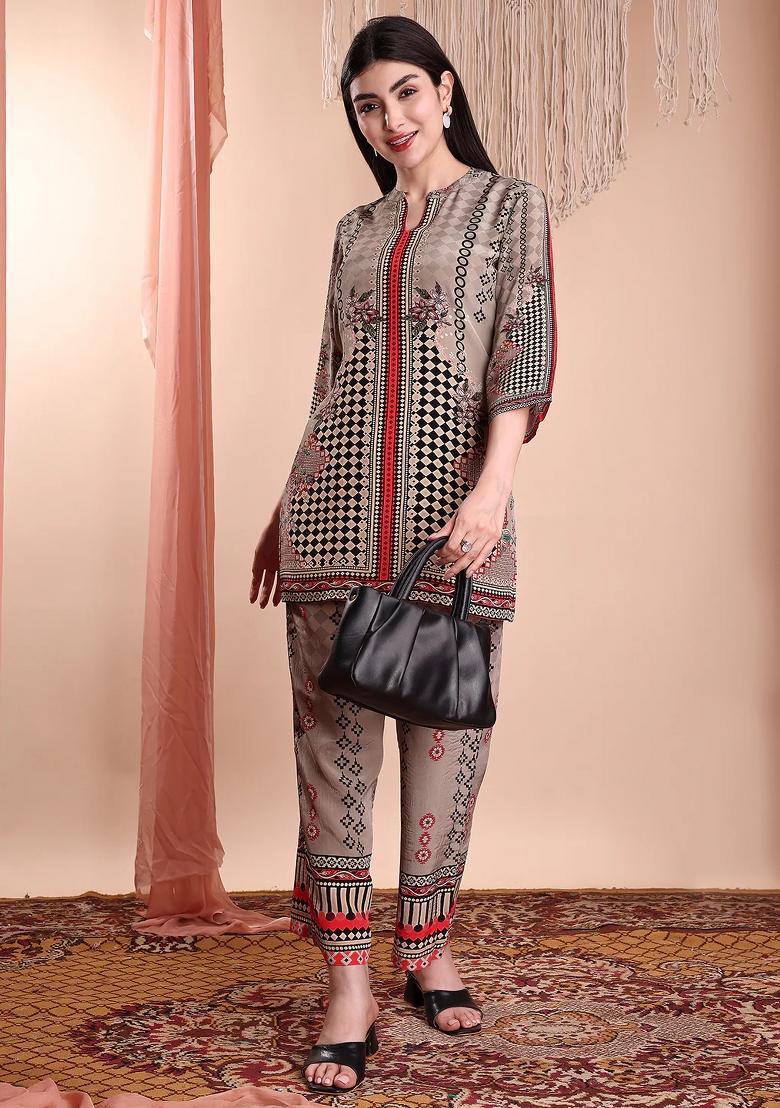 Brown Embroidery Crepe Kurta Set - Indya