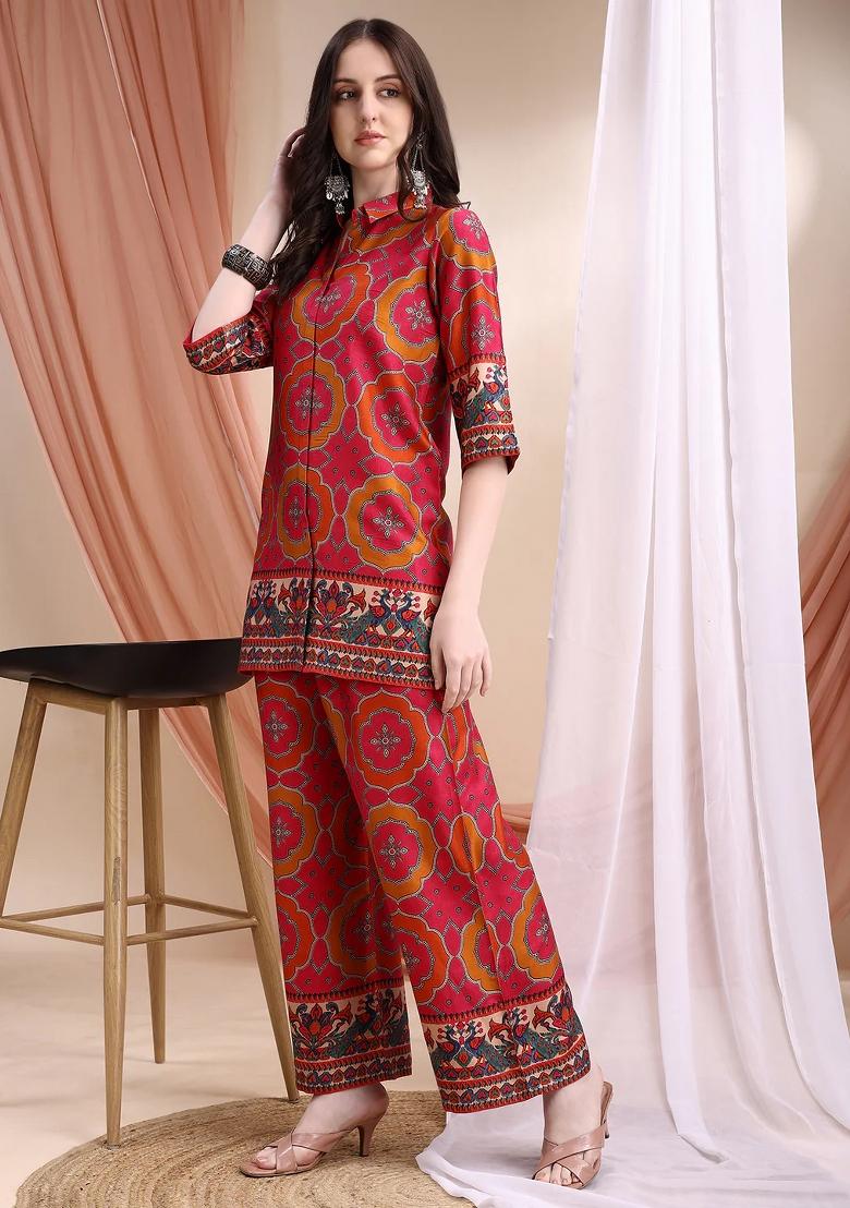 Pink Embroidery Silk Kurta Set - Indya