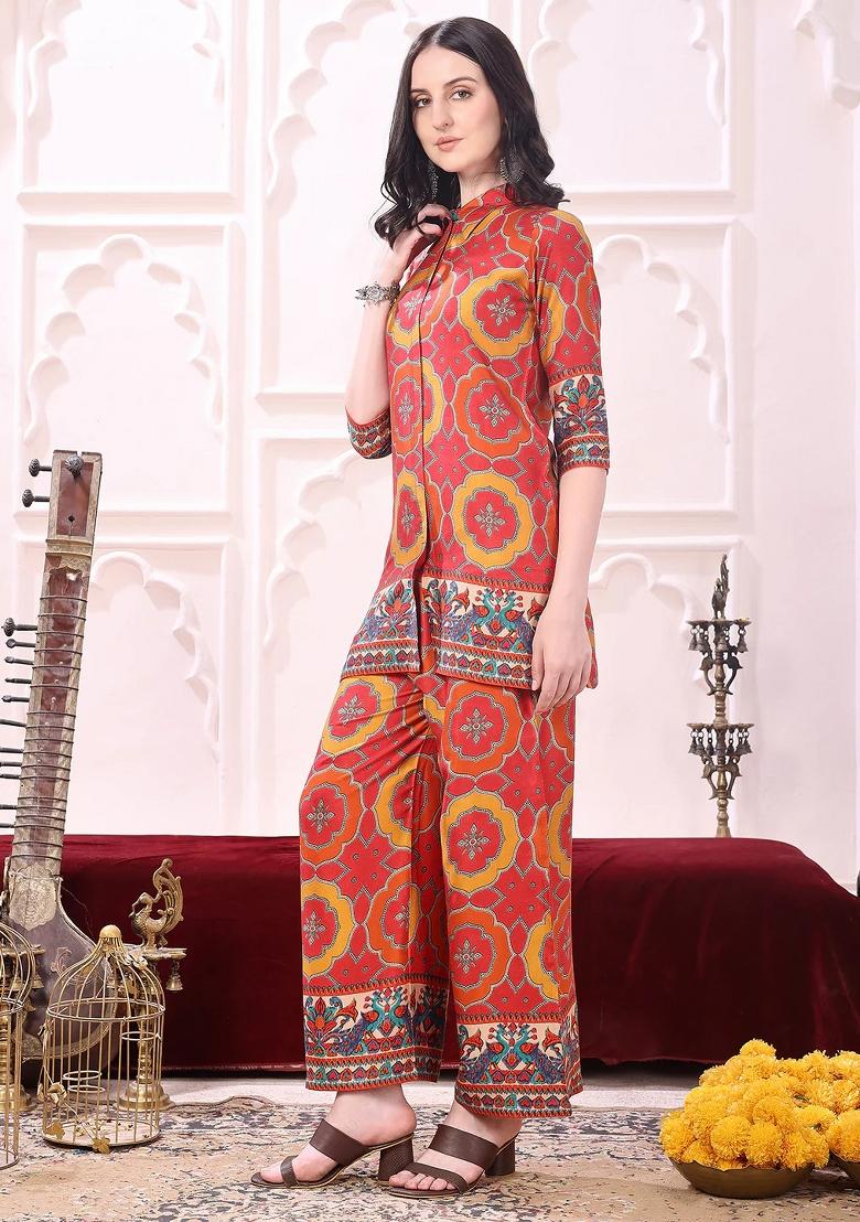 Red Embroidery Silk Kurta Set - Indya