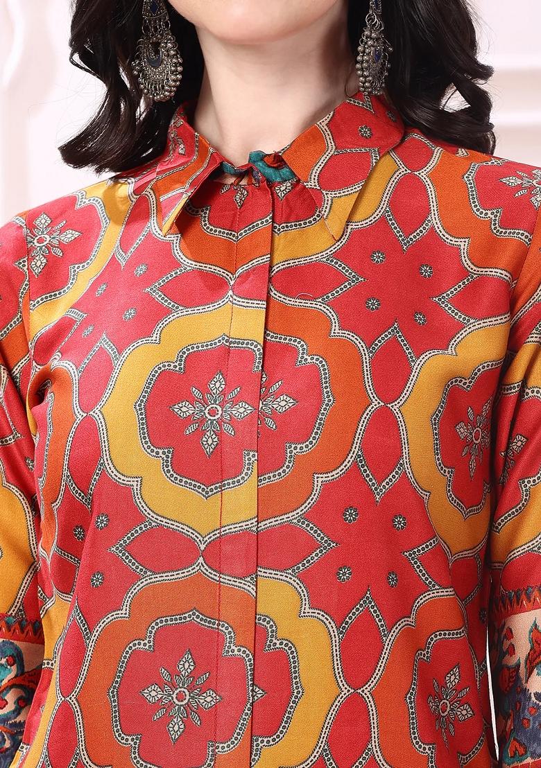 Red Embroidery Silk Kurta Set - Indya