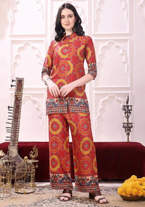 Red Embroidery Silk Kurta Set