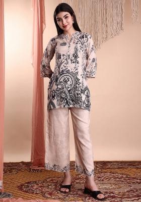 Beige Embroidery Rayon Kurta Set