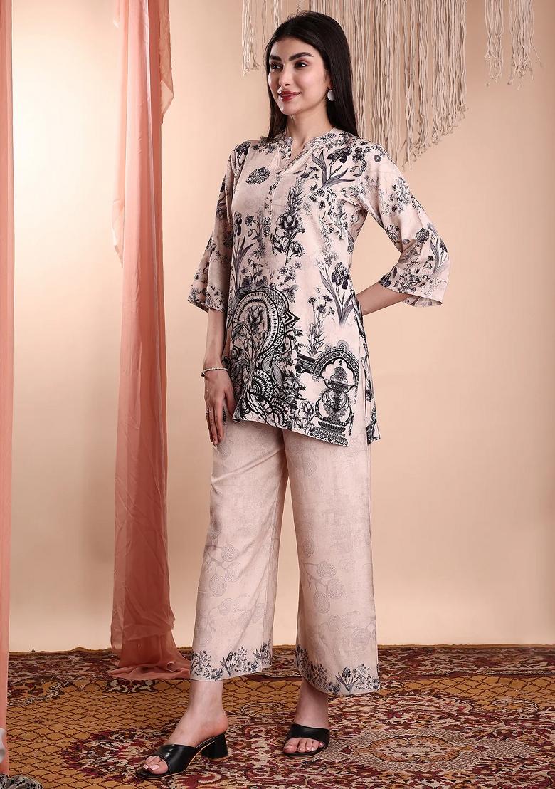 Beige Embroidery Rayon Kurta Set - Indya
