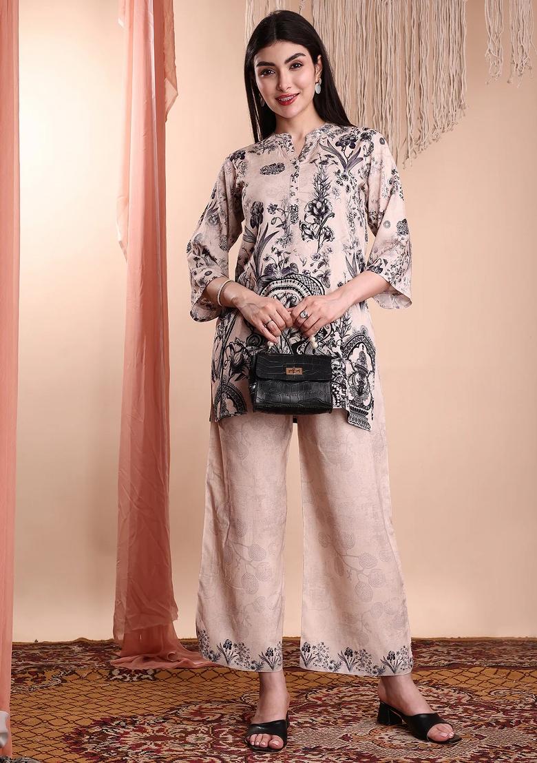 Beige Embroidery Rayon Kurta Set - Indya