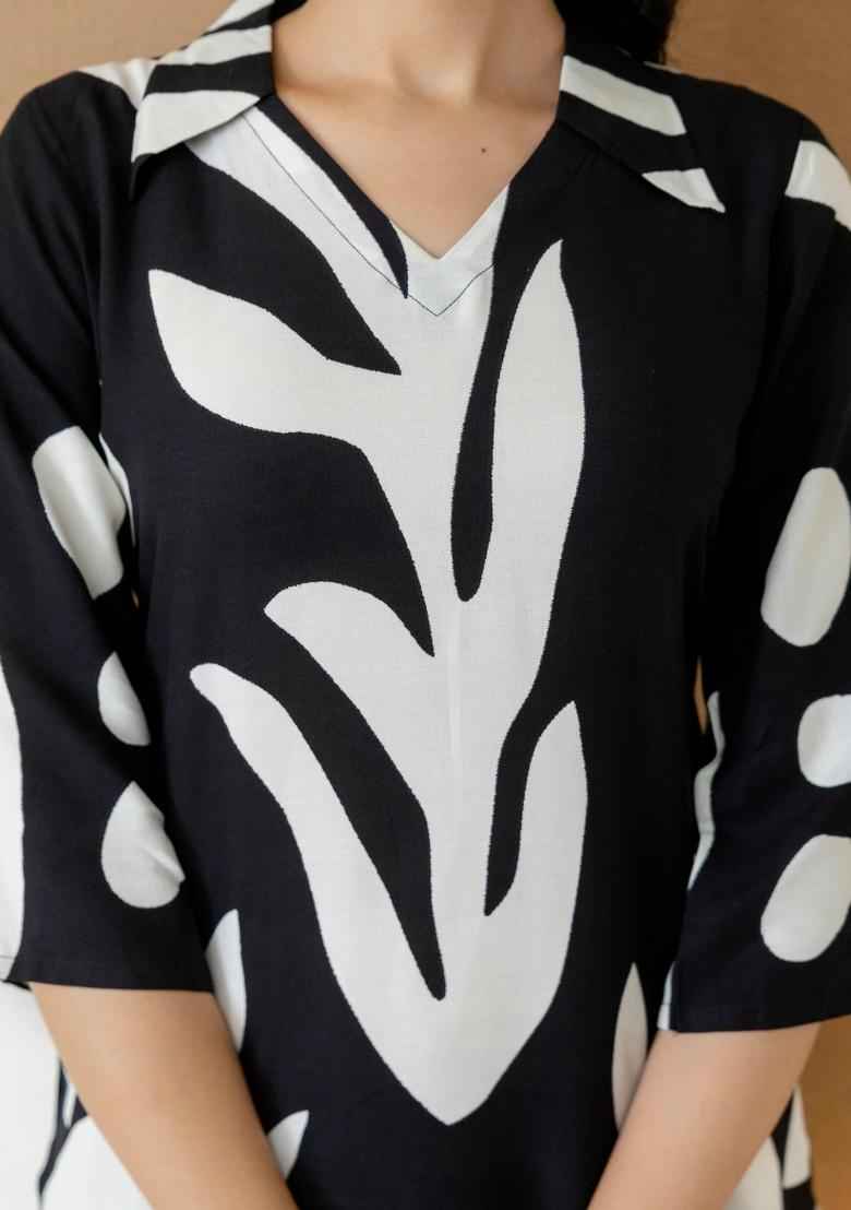 Black White Embroidery Rayon Kurta Set - Indya
