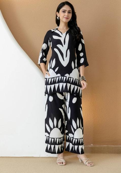 Black White Embroidery Rayon Kurta Set