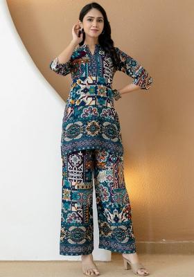 Teal Blue Embroidery Rayon Kurta Set