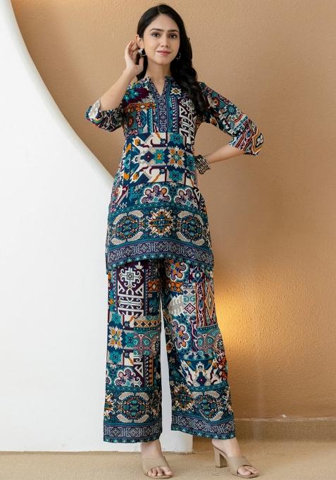 Teal Blue Embroidery Rayon Kurta Set