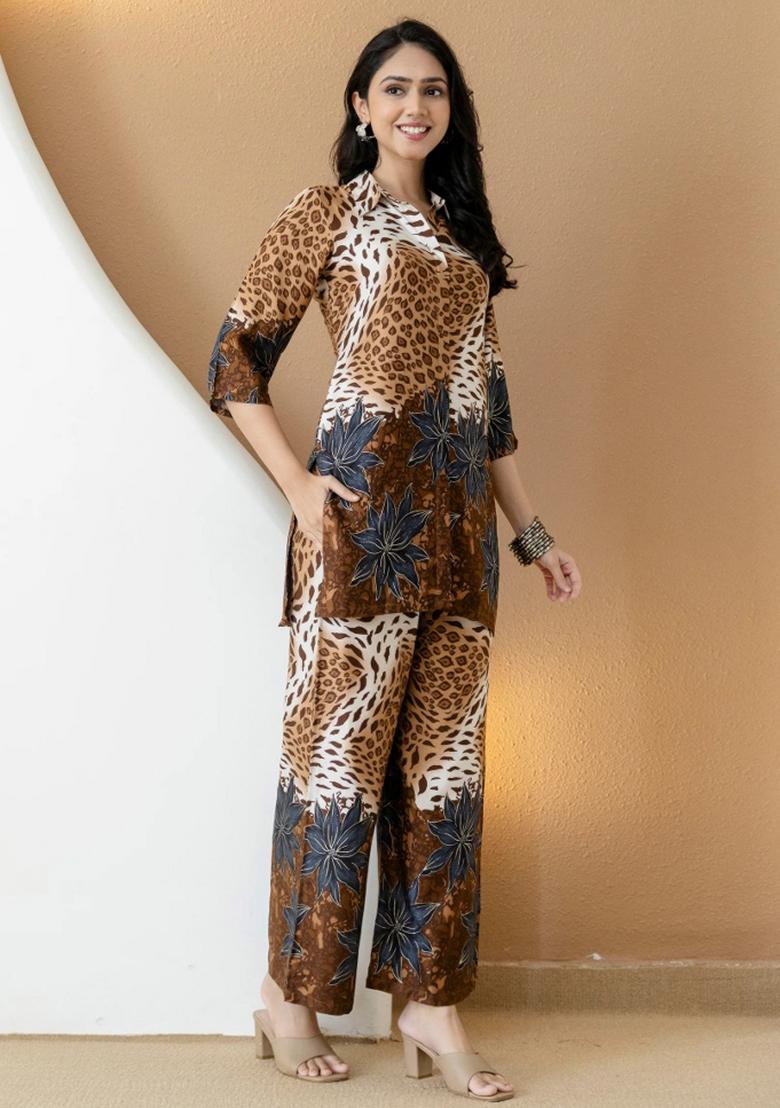 Brown Embroidery Silk Kurta Set - Indya