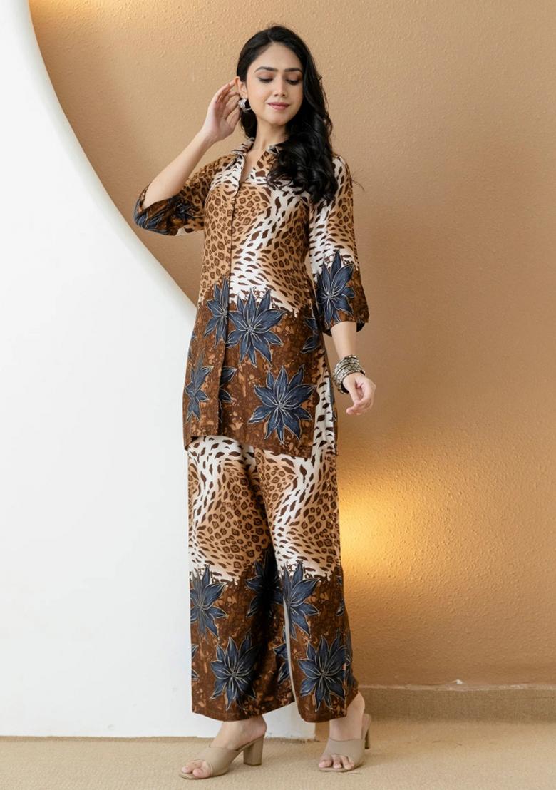 Brown Embroidery Silk Kurta Set - Indya