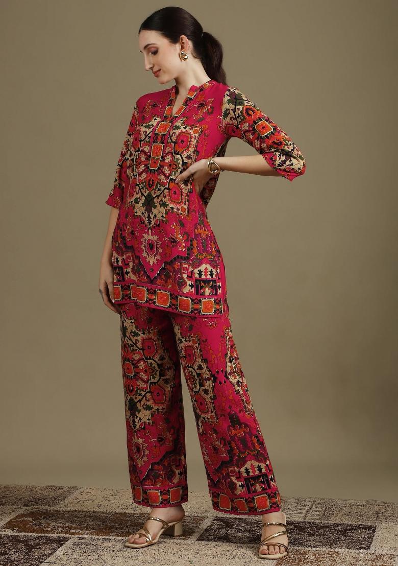 Pink Embroidery Rayon Kurta Set - Indya