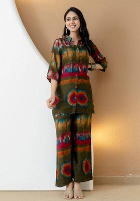 Olive Embroidery Silk Kurta Set