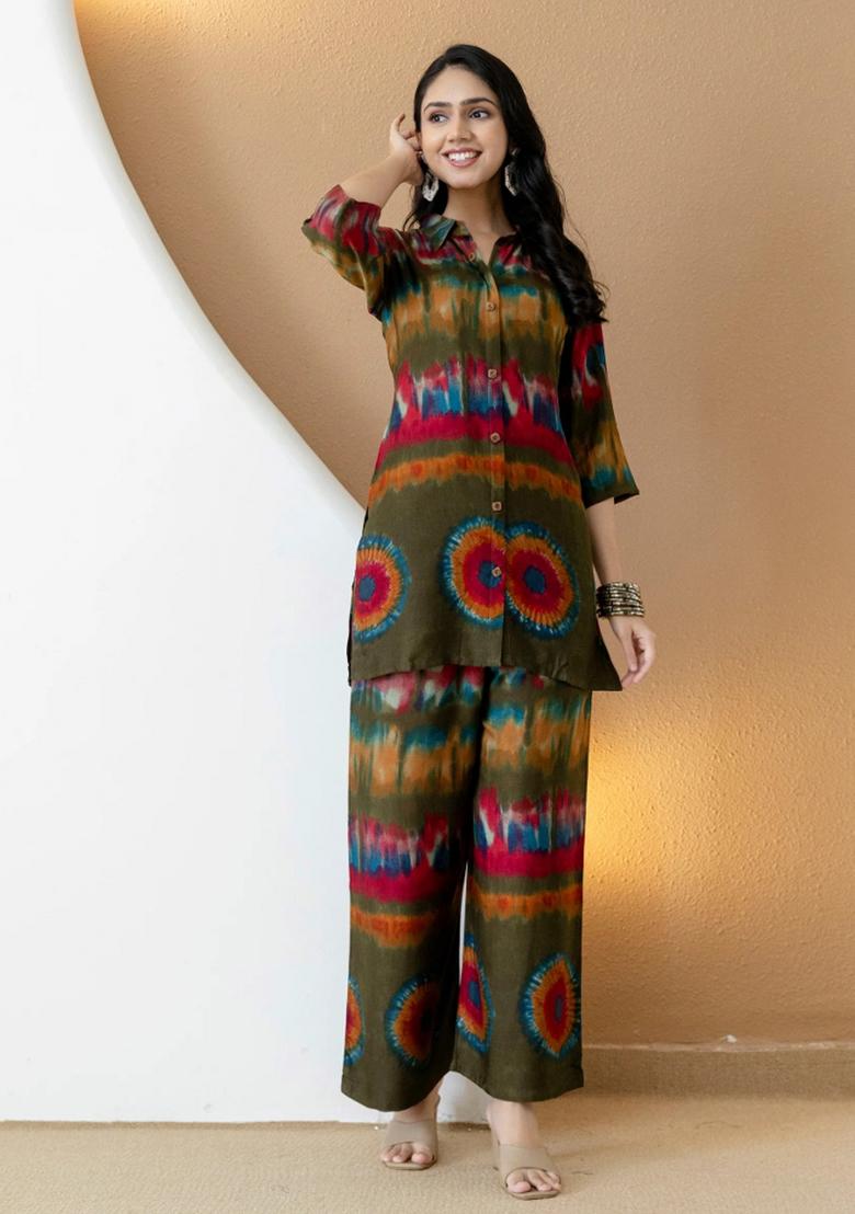 Olive Embroidery Silk Kurta Set - Indya