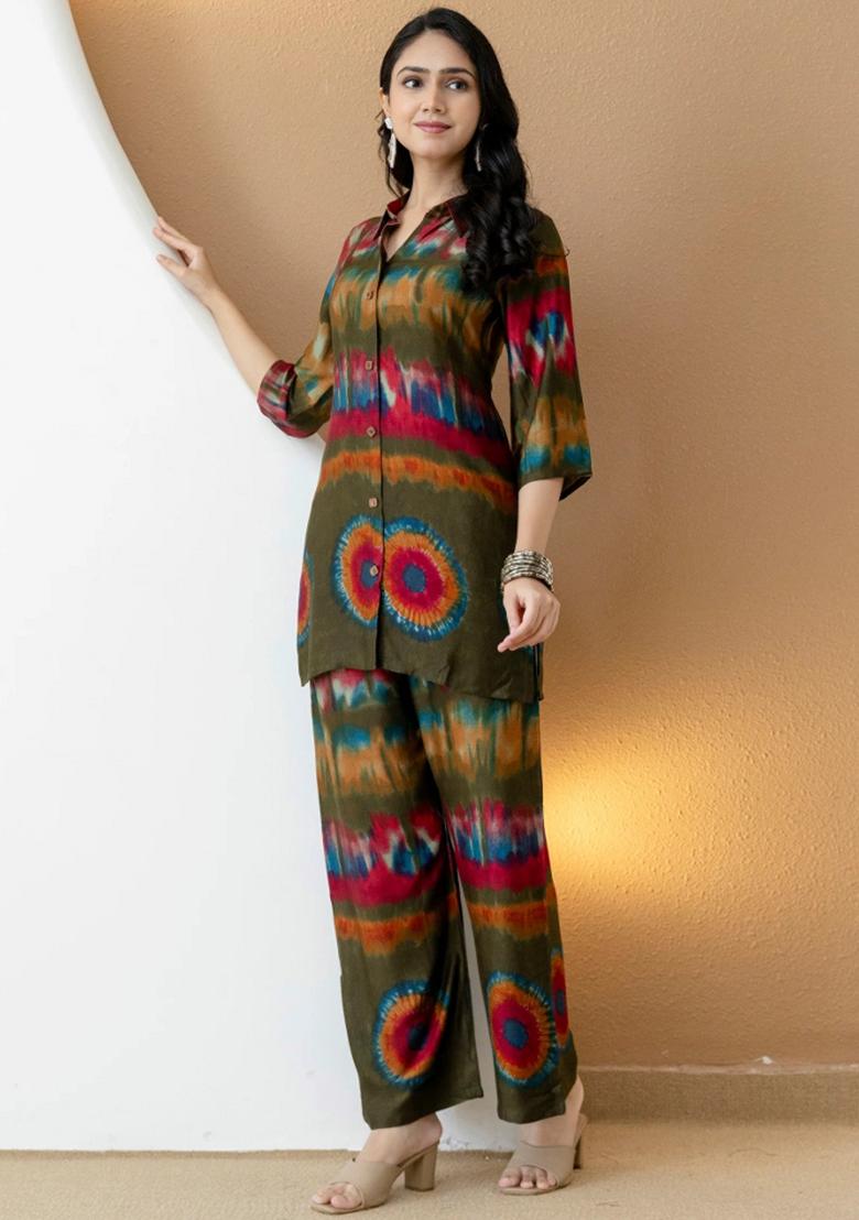 Olive Embroidery Silk Kurta Set - Indya