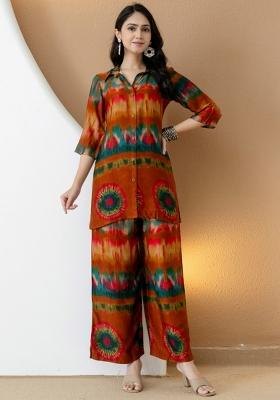 Orange Embroidery Silk Kurta Set