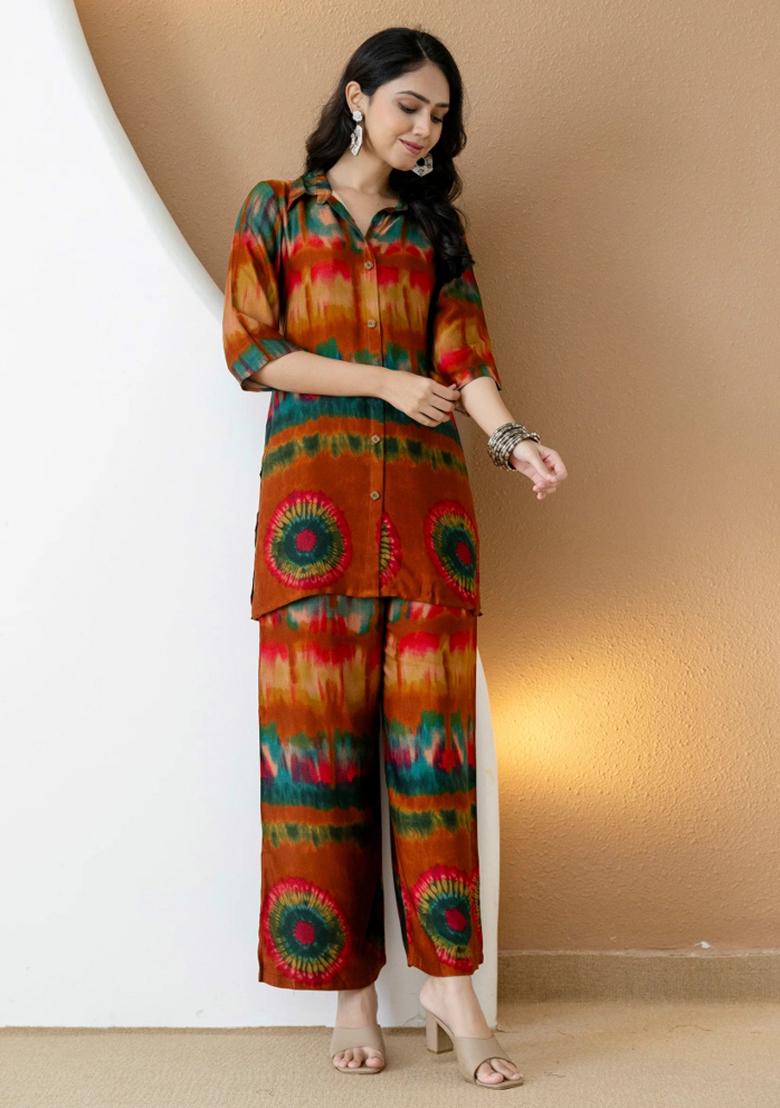 Orange Embroidery Silk Kurta Set - Indya