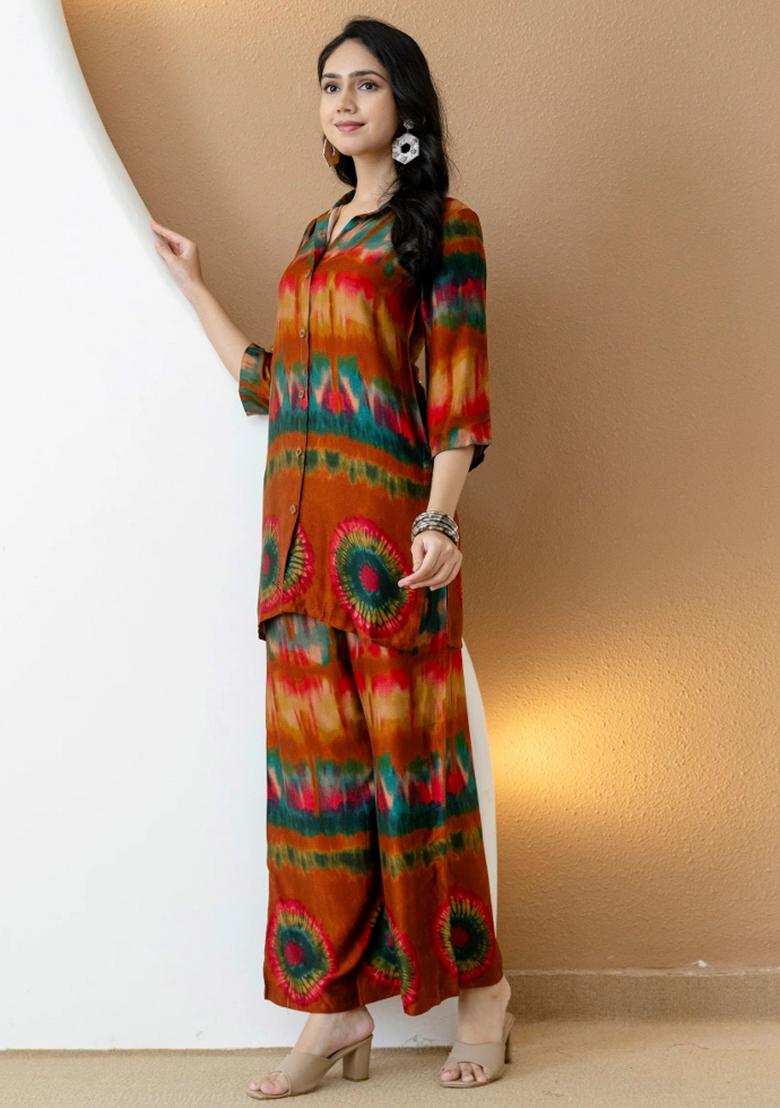 Orange Embroidery Silk Kurta Set - Indya