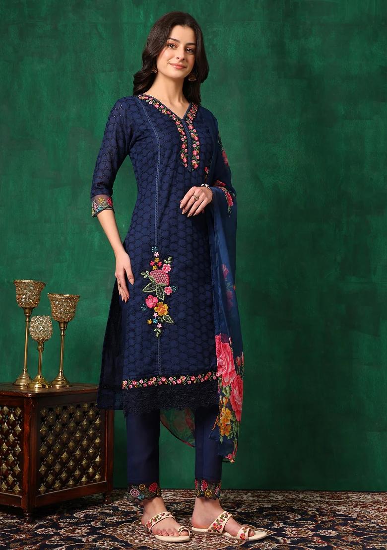 Navy Blue Embroidery Cotton Kurta Set - Indya