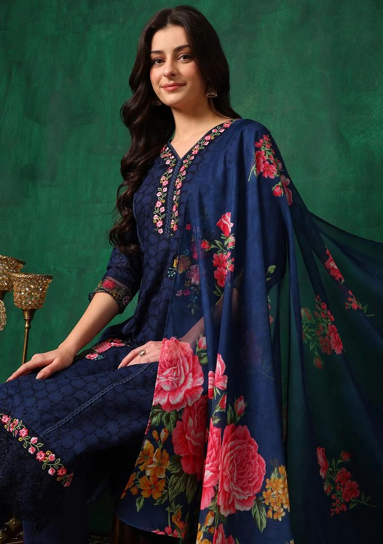 Navy Blue Embroidery Cotton Kurta Set - Indya