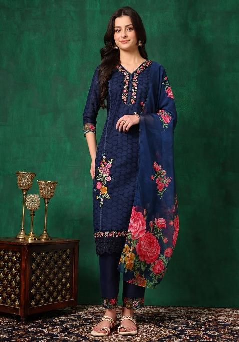 Navy Blue Embroidery Cotton Kurta Set