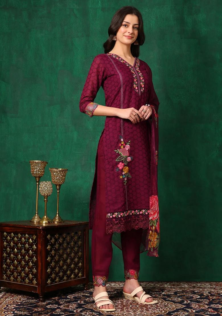 Wine Embroidery Cotton Kurta Set - Indya