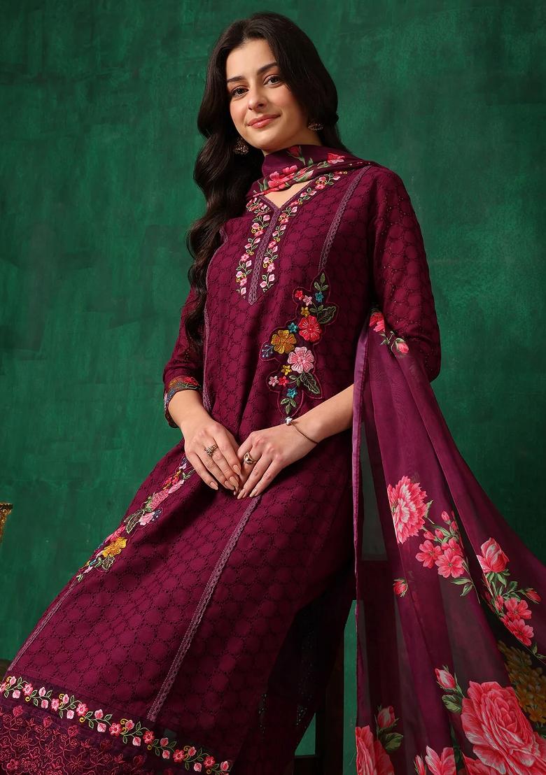 Wine Embroidery Cotton Kurta Set - Indya