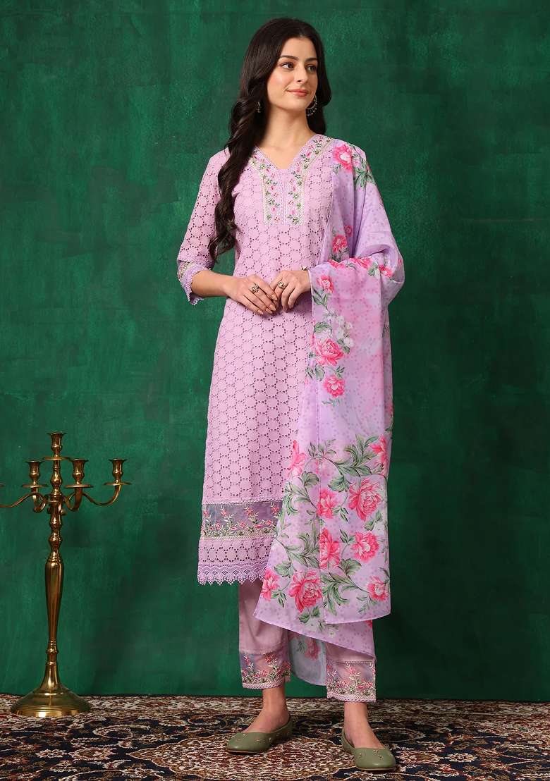Lavender Chikankari Cotton Straight Kurta Set - Indya