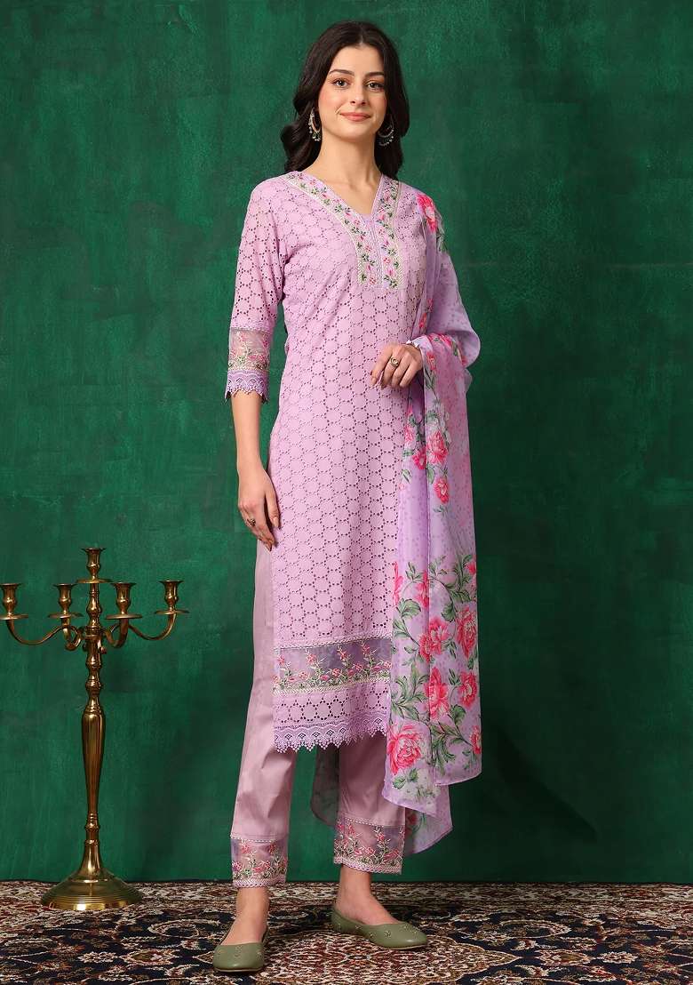 Lavender Chikankari Cotton Straight Kurta Set - Indya