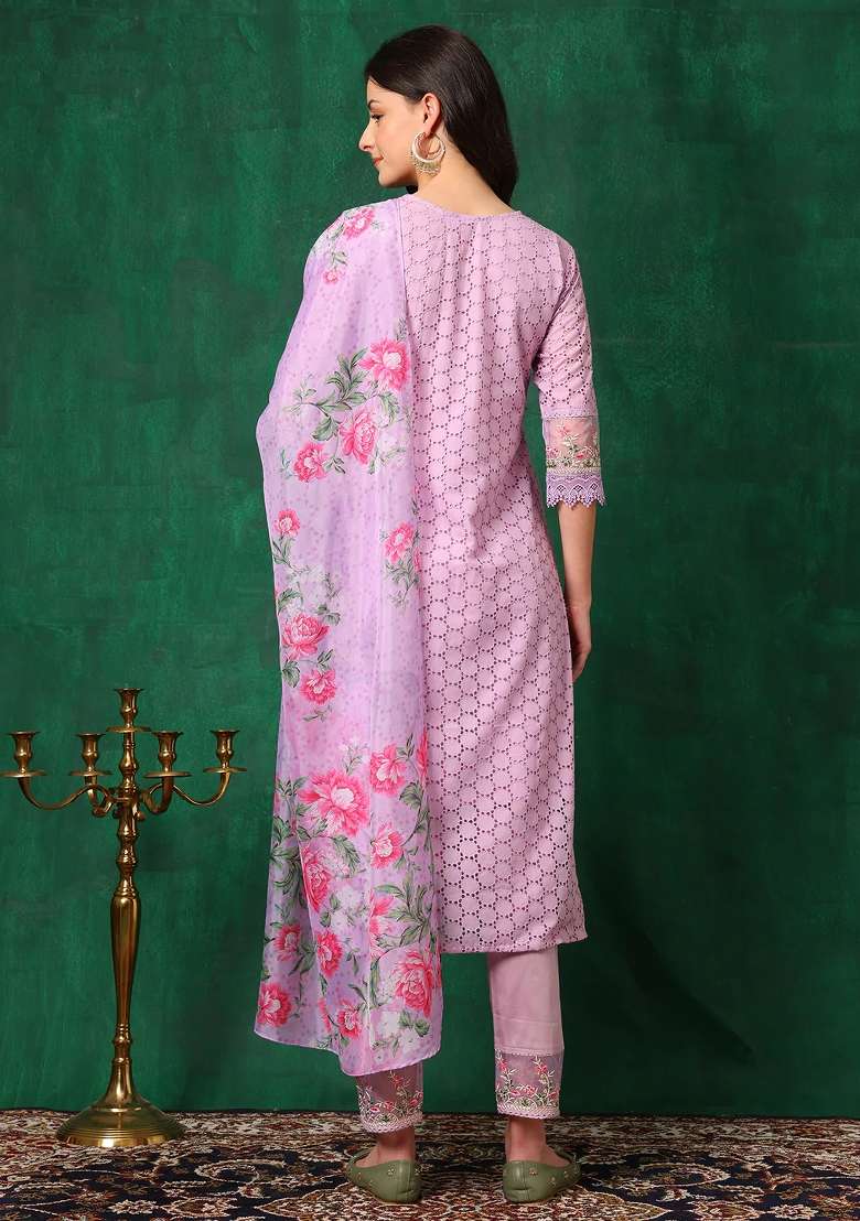 Lavender Chikankari Cotton Straight Kurta Set - Indya