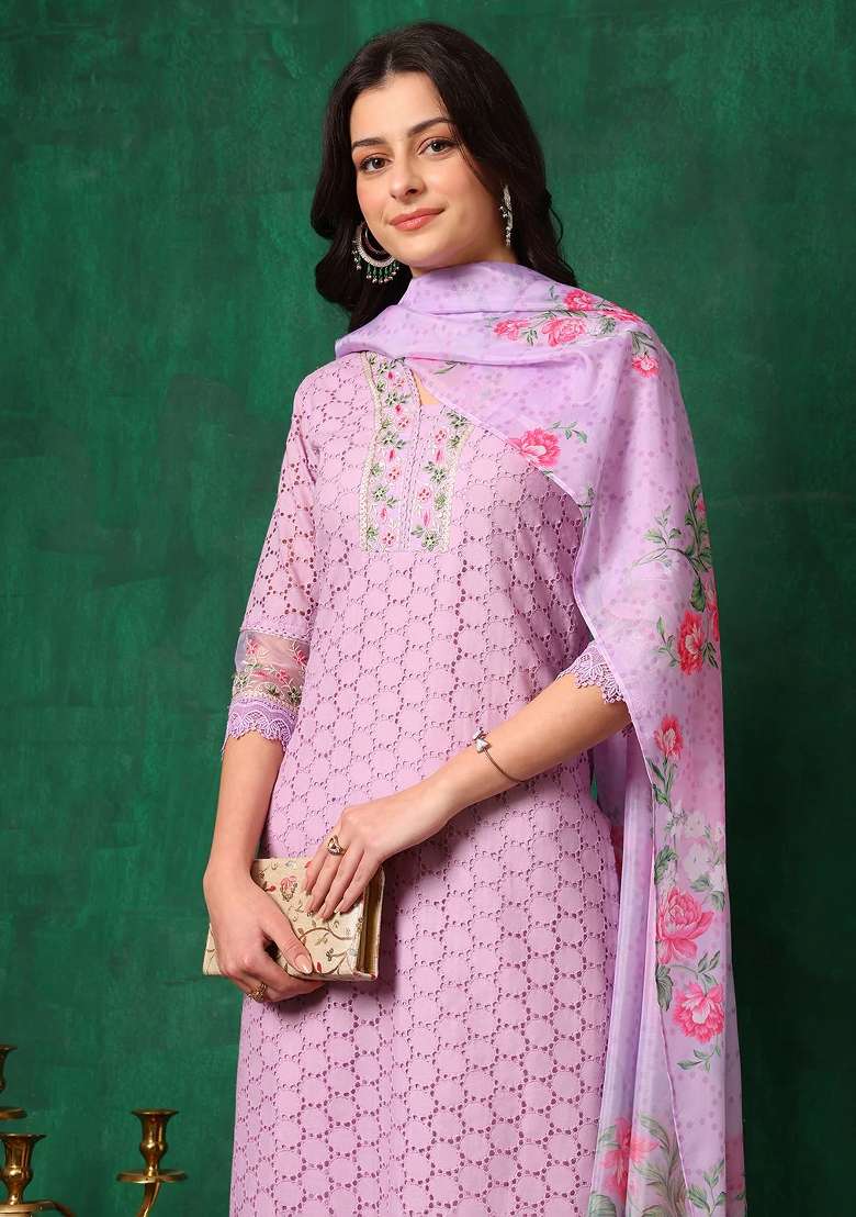 Lavender Chikankari Cotton Straight Kurta Set - Indya